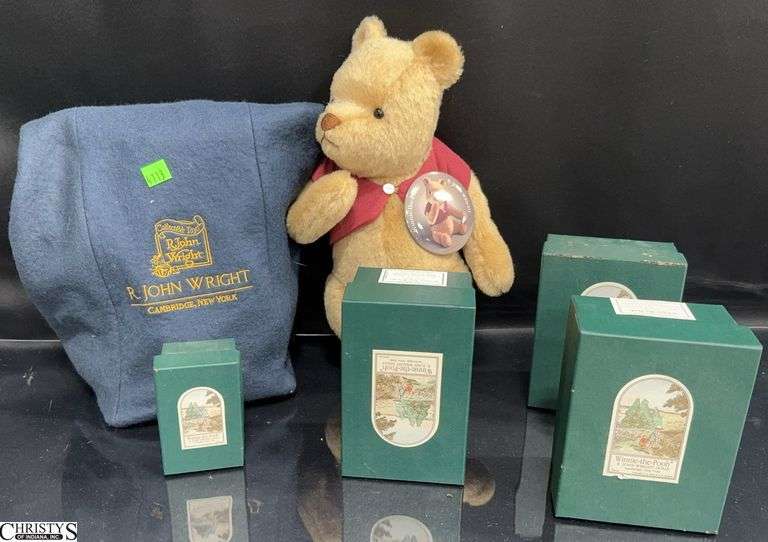 R. John Wright Winnie The Pooh Stuffed Bear in Blue R. John Wright Bag.  Approx. 12" and R. John Wright Miniature Pooh Characters in Boxes.  Includes Pocket Piglet, Pocket Tigger, Pocket Kanga & Roo and Pocket Pooh image
