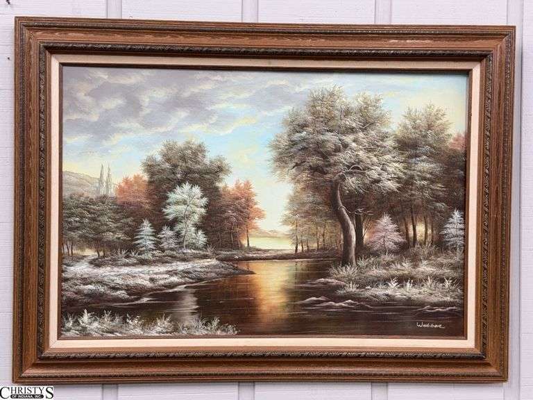 Signed Webber Oil on Canvas Landscape - 35" x 29" approx of frame image