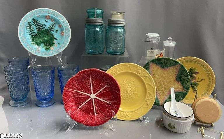 Blue Cups, Mason Jars, Majolica Style Dishes, Jar with Stopper image