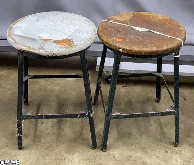 2 Vintage Rustic Shop Stools - 18" T of each image