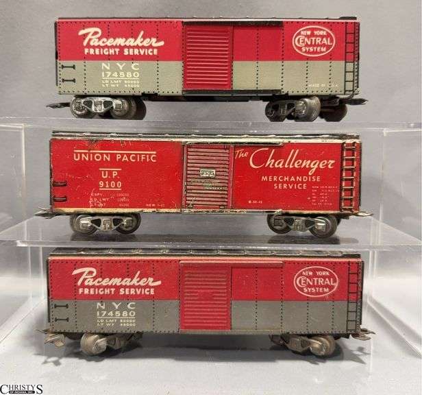 3 Unboxed Marx Metal Union Pacific, NYC Boxcars Some Wear image