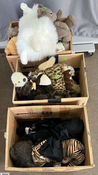 3 Large Boxes of Plush Animals, Orangutan, Snow Owl Hand Puppet, Kanga From Winnie The Pooh, Tigers, Boyd's Bears, Otter image