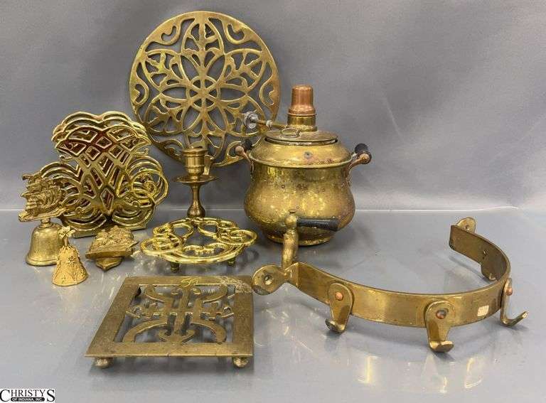 Brass Samovar, Trivets, Bookends, Bells, Hanging Rack, Nautical Paperweight image