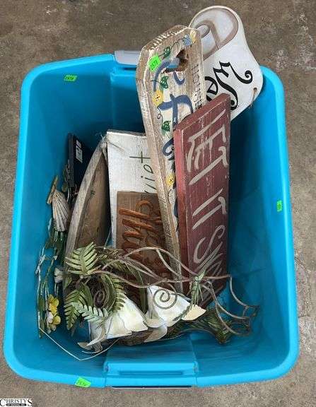 Blue Tote With Hand Painted Signs, Metal Flower Wreath, and other Rustic or Garden Decor image