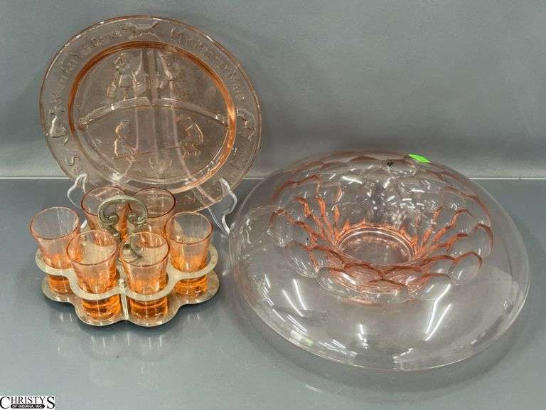 Pink Depression Bowl and Cordial Set, Divided Plate, Largest 12" image