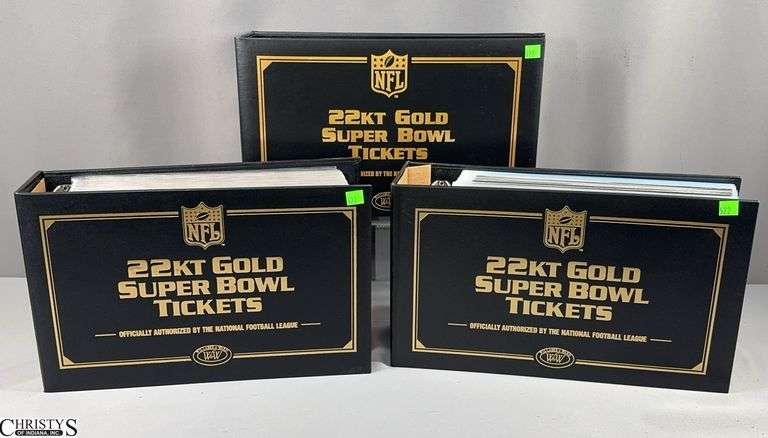 NFL 22KT Gold Super Bowl Tickets Collection in 2 Binders.  Includes Super Bowl I to Super Bowl LVIII.  Also includes an extra, empty binder. image
