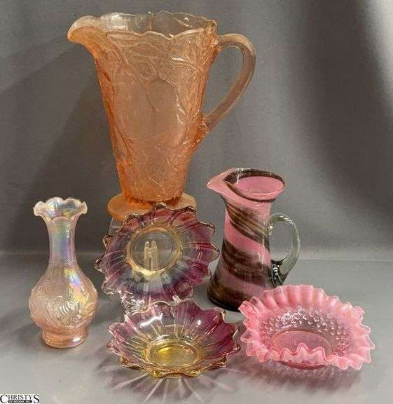 Pink Depression, and Other Glass Ruffled Bowl, Vase, Pitcher Tallest 9" image