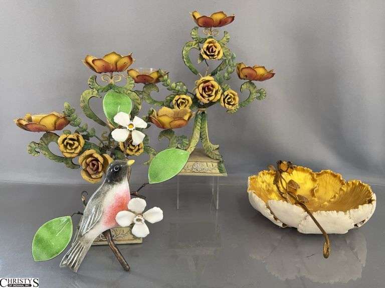 Vintage Style Floral Candle Holders, Enameled Bird on Branch, Leaf Bowl, Tallest 11.5" image