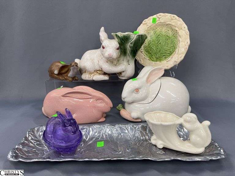 Ceramic Bunny Jar, Vase, Arthur Court Relish Tray 19", Purple Bunny On Nest, Plate image
