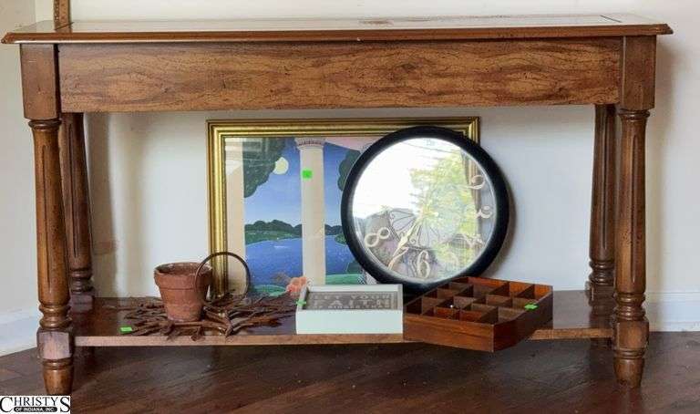 Console Table, Framed Painting, Trinket Shelf W/ Perfumes, Decor Pieces - 47" x 15" x 27" of table image