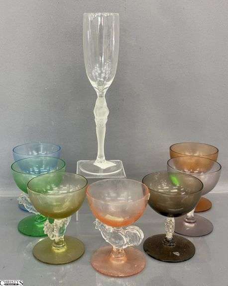 7 Rooster and Stemmed Champagne Glasses Green is UV Reactive 4" image