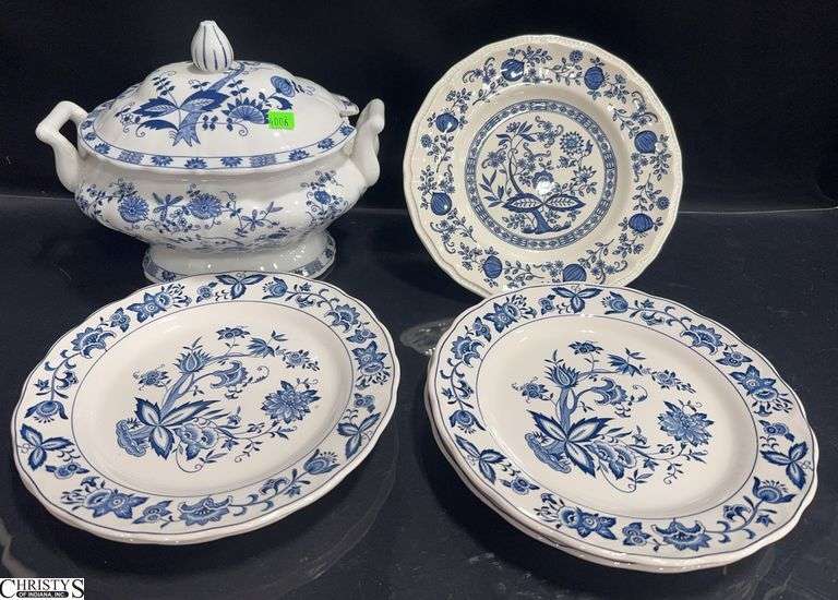 5 Blue and White Dinner Plates and 1 Vienna Woods Fine China Tureen with Lid.  4 Plates are marked Blue Bonnet Ironstone and 1 is marked Coventry Blue Kensington England  Ironstone (this plate has chips around the edges) image