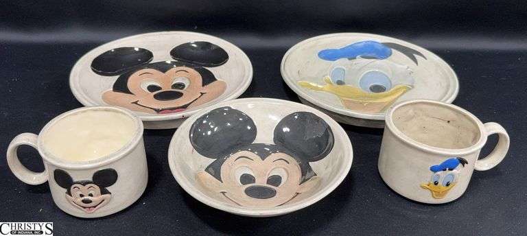 1970's Walt Disney Prod Dish Art.  Includes Mickey Mouse Hand Painted Ceramic Plate (small chip on the edge), Bowl and Mug & Donald Duck Plate and Mug image