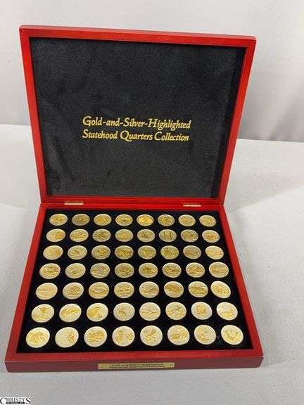 Gold and Silver Highlighted Statehood Quarters Collection in Wood Display Box.  Includes 56 Gold & Silver Colored Quarters image