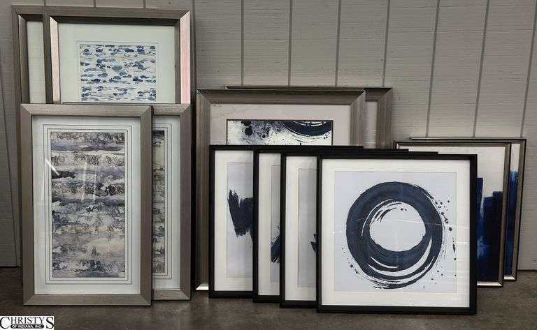 11 Blue Tone Modern Style Decorator Prints and Canvas - 23.5" x 46.5" of largest - may have some wear/chipping to frames image