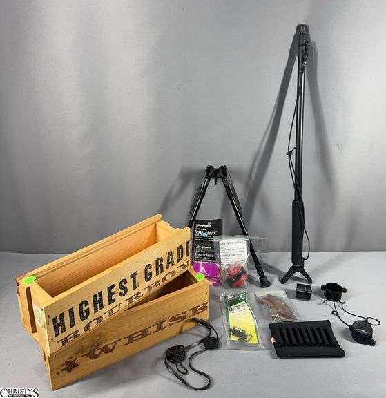Misc. Gun Related Items:  a Cylinder Marked 22 Mag., Wooden Ruger Grips, Gun Lock in Package, Super Swivels for Bolt Action Rifles, Lens-Clear Soft Lens Cloths, a Bi-Pod, Stony Point Walking Stick and 2 Wooden Whiskey Boxes (no lids) 14" X 4 1/2 X  4 1/2 image