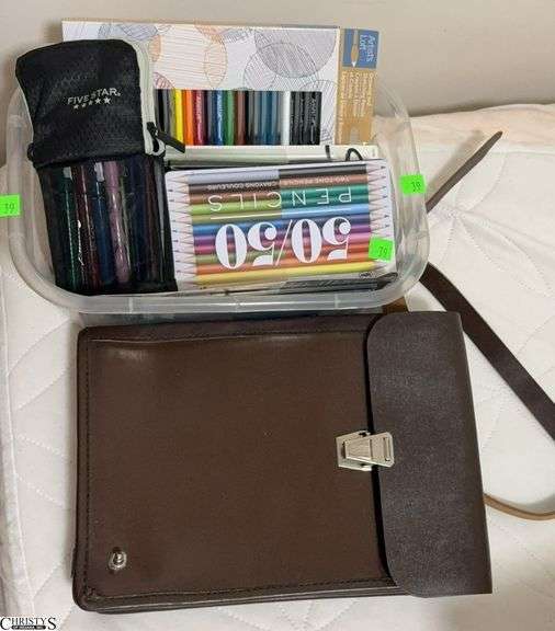 Assorted Colored Pencils and Pens, Leather Carry Bag image