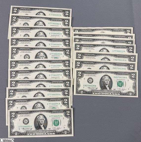 18 $2 Bills.  11 1976 Bills have consecutive Serial Numbers and are Crisp.  Six Other bills are 1976 and 1 is 2003 image