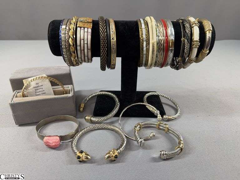 Krementz Gold Color Cuff Bracelet in Gray Velvet Box, 21 Bangle Type Bracelets and 4 Cable Cuff Bracelets image