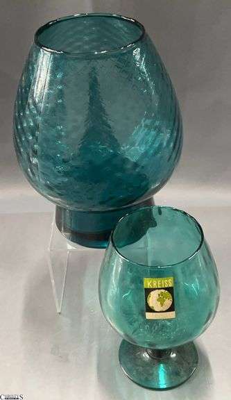 2pcs Green Glass Vases One Marked Kreiss Tallest 8.5" image