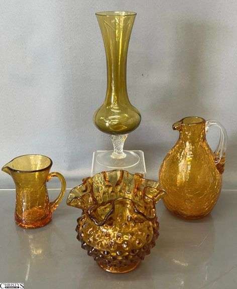 4pcs Amber Mid Century Crackle and Hobnail Glass Pieces - Pilgrim and Fenton - 6" of tallest image