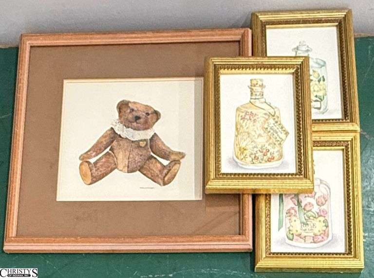 4 Framed Art Pieces Rebecca Moore Higgins Teddy, and 3 small gold framed prints. image