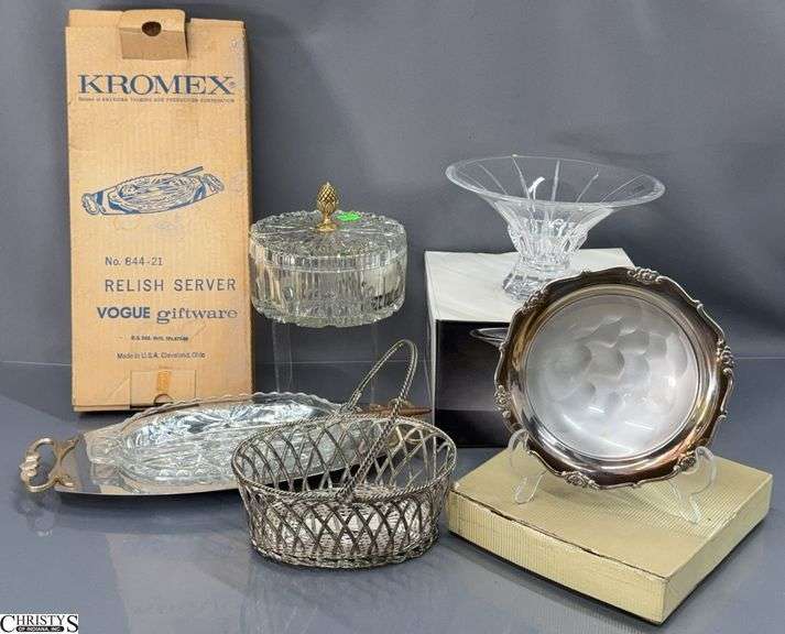 Kromex Relish Server, Silverplate Basket and Dish, Crystal Bowl and Glass Lidded Dish - 14" approx of largest image