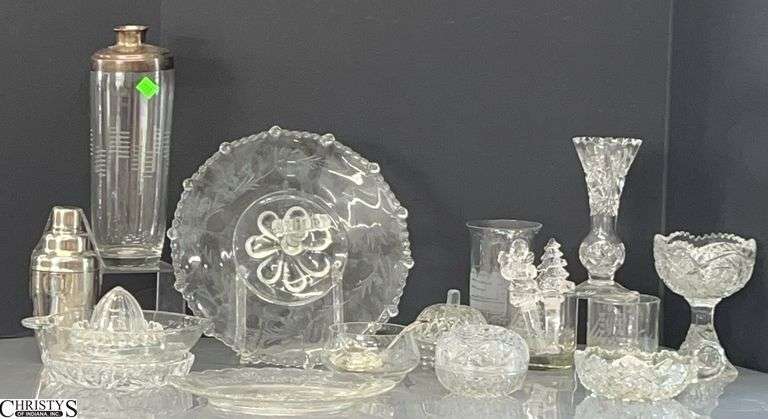 Pressed Glass, Etched Glass, Cocktail Shakers, Handled Snack Plate Largest 11" image
