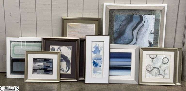 12 Modern Style Framed Prints - 31.5" x 39.5" of largest - may have some wear/chipping to frames image