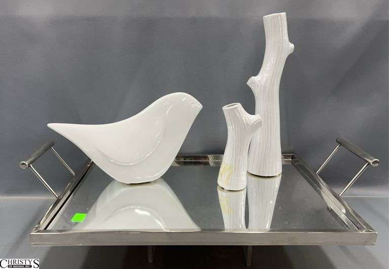 Chrome Handled Mirror Tray 22x12.5", Ceramic Tree Trunk Vases and Bird image