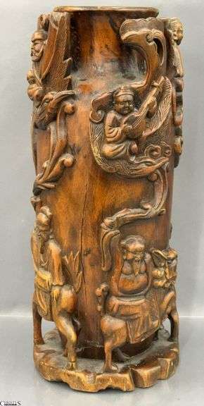 Carved Asian Influence Wooden Vase 16" image