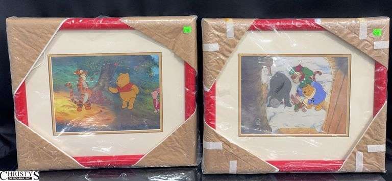 2 The New Adventures of Winnie The Pooh Production Cel  with a Photographic Reproduction Background Wall Decor. with Red Frames Both have the Walt Disney Company Stamp.  Approx. 19" X 16" image
