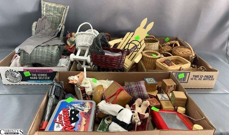 Dolls, Country Decor, Alphabet Blocks, Lone Ranger Pistol, Toys, Small Woven Baskets image