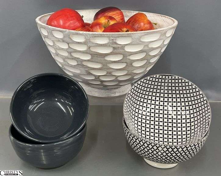 Wooden Fruit Bowl, Apples, and 4 Bowls image