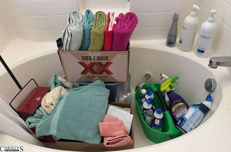 Hand towels, bath towels, cleaning, caddy, stepstool, toilet paper holder, Bissell sweeper image