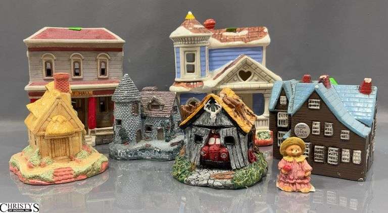 6pcs Lighted Village Houses, Different Makers, Some Chipping, Missing Lights image