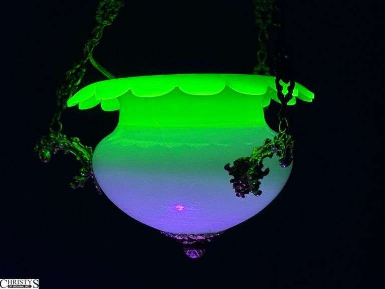 Victorian UV Reactive Glass Pendant Fixture with Gilt Brass Accents - 11" x 8" of shade - does have visible crack image