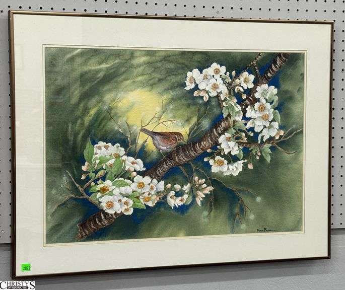 Signed Marisa Baron Bird Watercolor - 32" x 24" of frame image