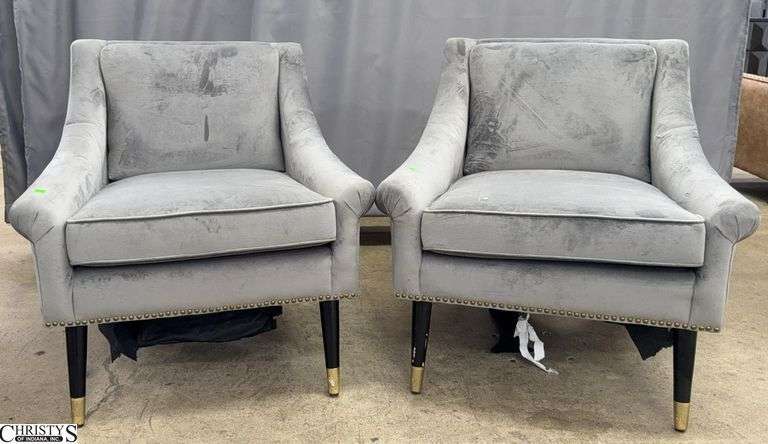 Grey Soft Upholstered Arm Chairs, Has Wear on Legs, 31x31x32" image