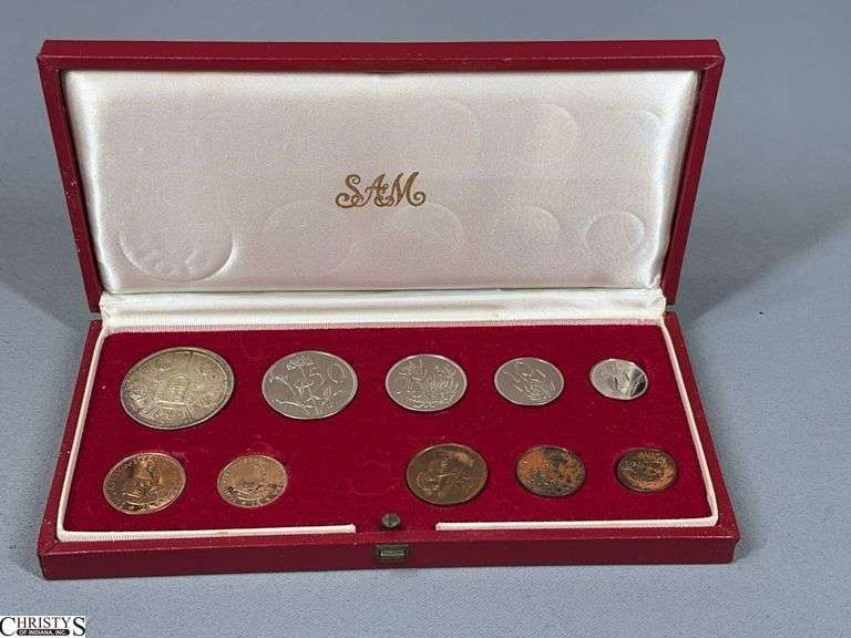 1974 South African Proof 10 Piece Coin Set in Original Red Box.  This set includes a Gold 2 Rand and a Gold 1 Rand Piece image