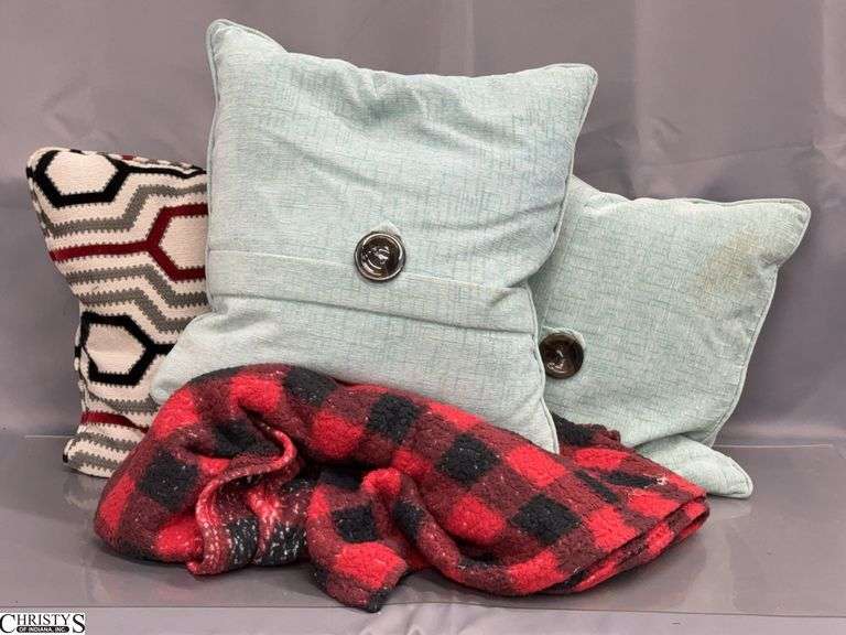 3 Throw Pillows and Plaid Blanket image