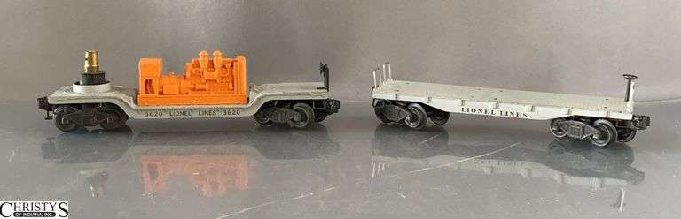 2 Lionel Flat Cars, #3620 Transformer Missing Plastic Light, and Unmarked Flat Car Missing Rails image