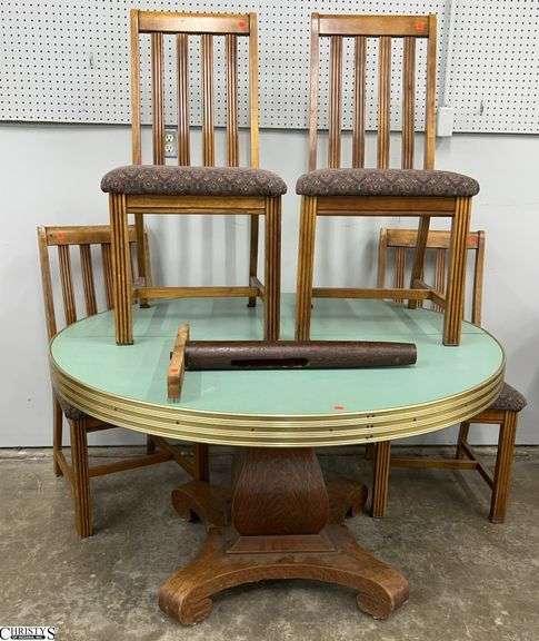 Formica Top Pedestal Table and 4 Chairs - 52" x 29" of table image