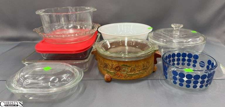 Pyrex Clear Rectangular Baking, Mixing Bowls, Casserole With Wooden Holder, Pie Dish image