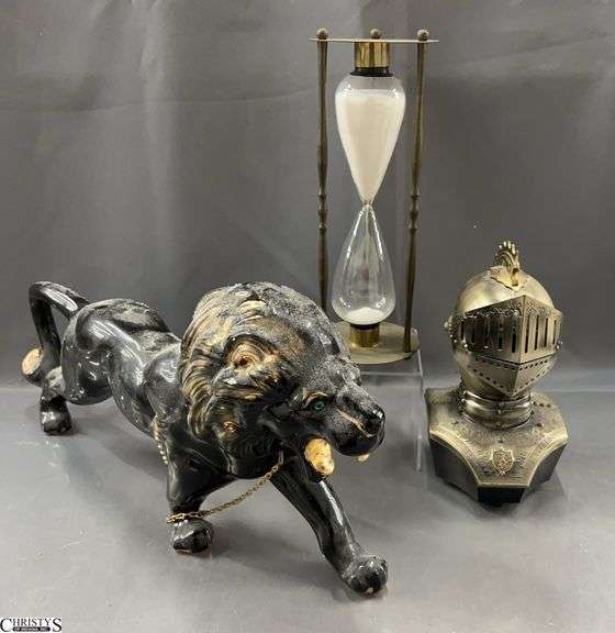 Brass Frame Hourglass, Ceramic Tiger, Knight Motif Radio - 18" of tiger image