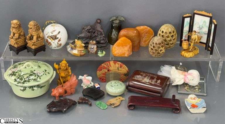 Asian Influence Carvings, Fu Dogs, Fish, Dragons, Cloisonne Animals, Trinket Jars image