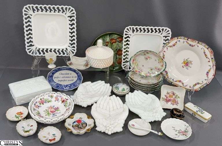 Signed Plate, Milk Glass Hands, Box, Ash Trays, Dishes, Pill Boxes Limoges Hinged, Some Chips image