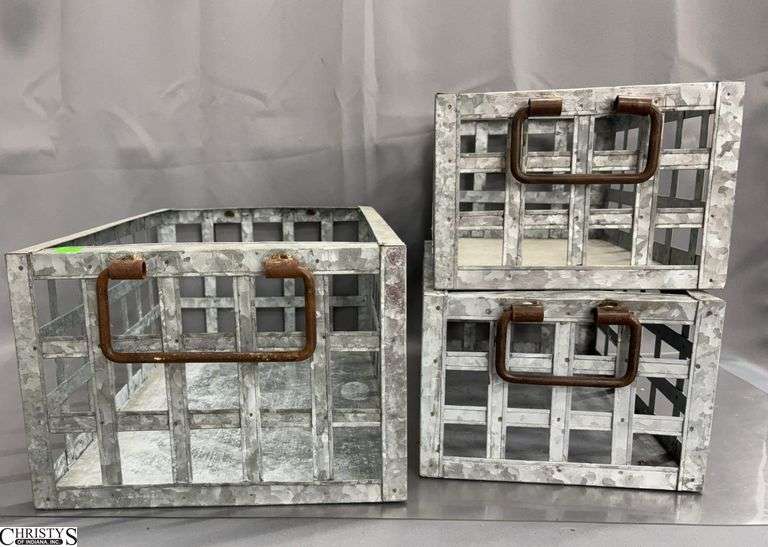 3 Galvanized Metal Storage Crates - 13" x 20" x 9" of largest image