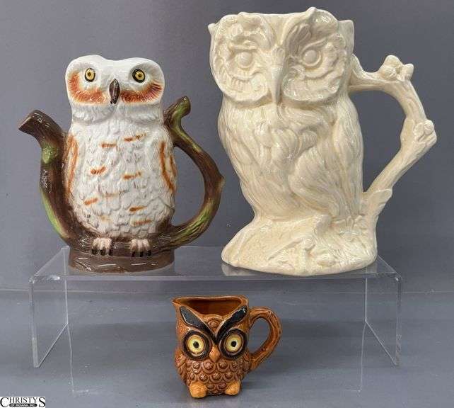 3pcs Made In England Owl Jug, Pitcher and Marked Japan Small Measuring image