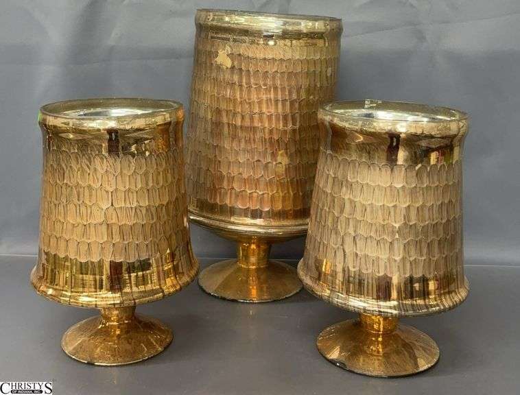 3 Gold Tone Glass Candle Hurricanes - 8" x 15" of largest image